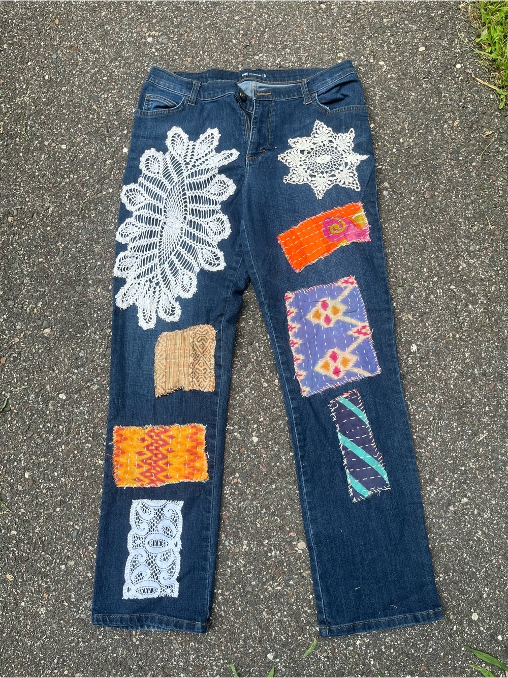 Lee Dark Blue Straight-Leg Jeans with White Crochet & Colorful Patchwork